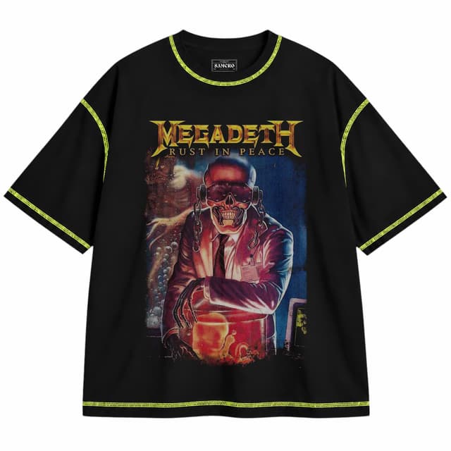Megadeth 16 — Unisex oversize, Negro con costura verde