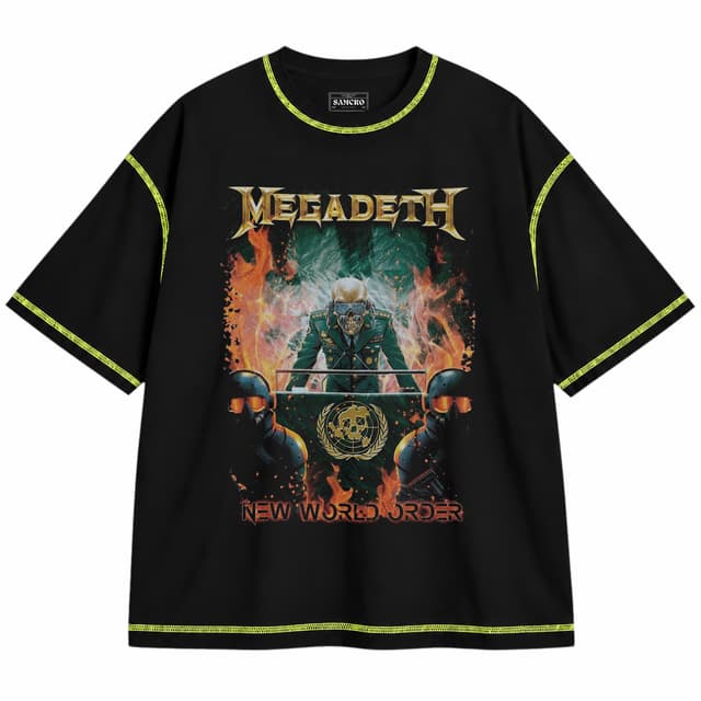 Megadeth 17 — Unisex oversize, Negro con costura verde