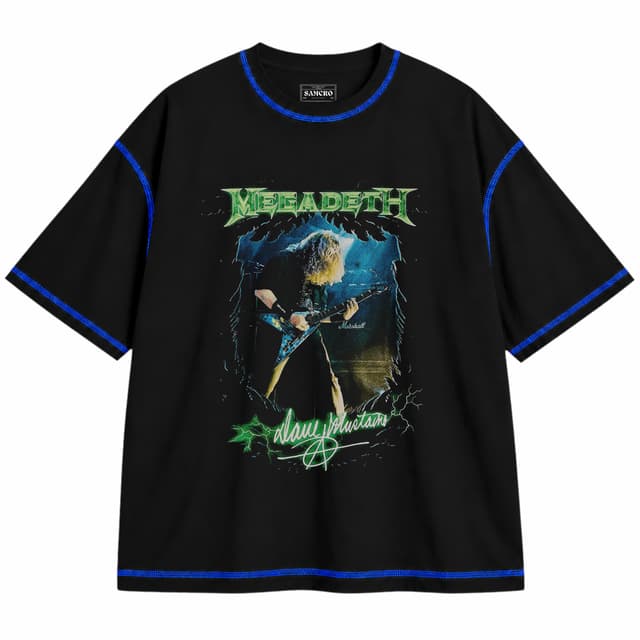 Megadeth 18 — Unisex oversize, Negro con costura azul