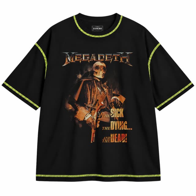 Megadeth 5 — Unisex oversize, Negro con costura verde