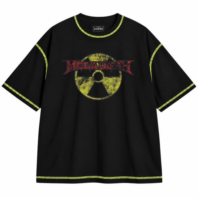 Megadeth 6 — Unisex oversize, Negro con costura verde