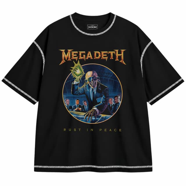 Megadeth 7 — Unisex oversize, Negro con costura blanca