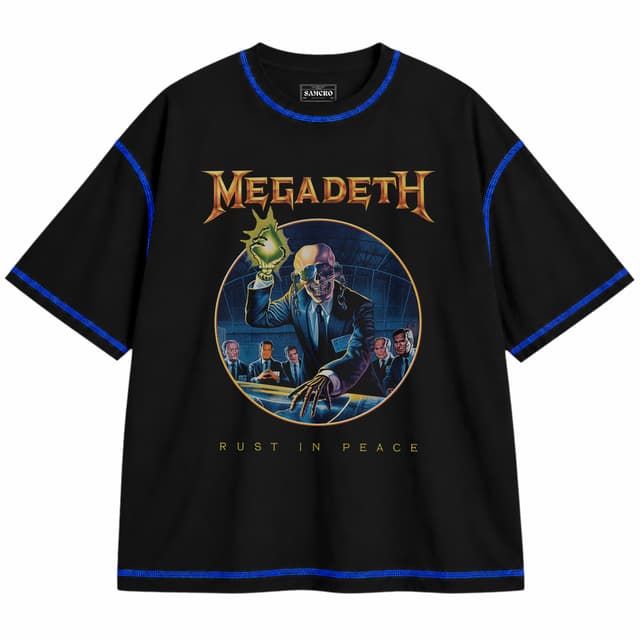 Megadeth 7 — Unisex oversize, Negro con costura azul