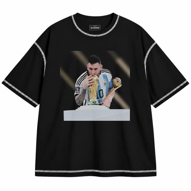 Messi 10 — Unisex oversize, Negro con costura blanca