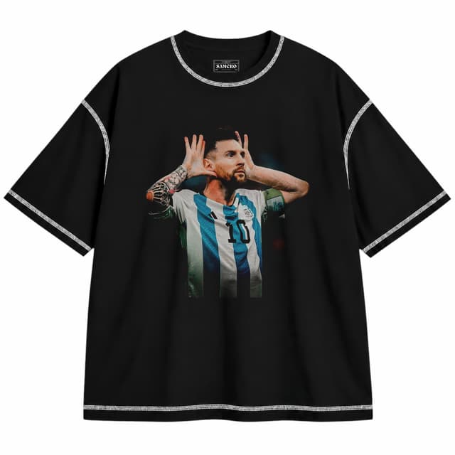 Messi 13 — Unisex oversize, Negro con costura blanca
