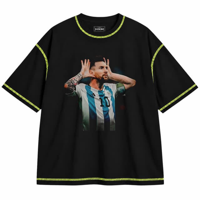 Messi 13 — Unisex oversize, Negro con costura verde