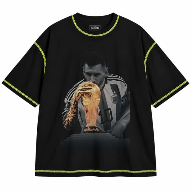 Messi 14 — Unisex oversize, Negro con costura verde