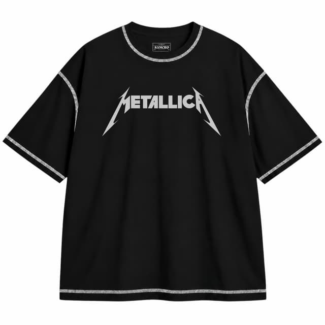 Metallica 1 — Unisex oversize, Negro con costura blanca