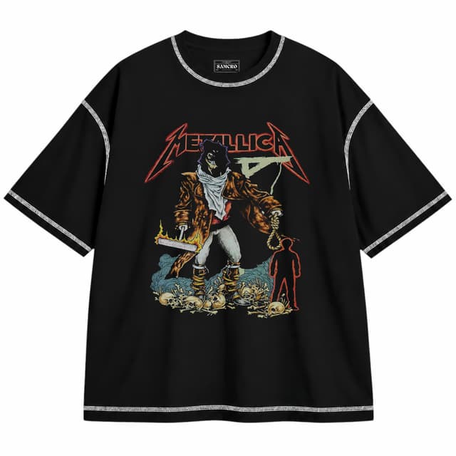 Metallica 11 — Unisex oversize, Negro con costura blanca
