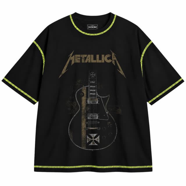 Metallica 24 — Unisex oversize, Negro con costura verde