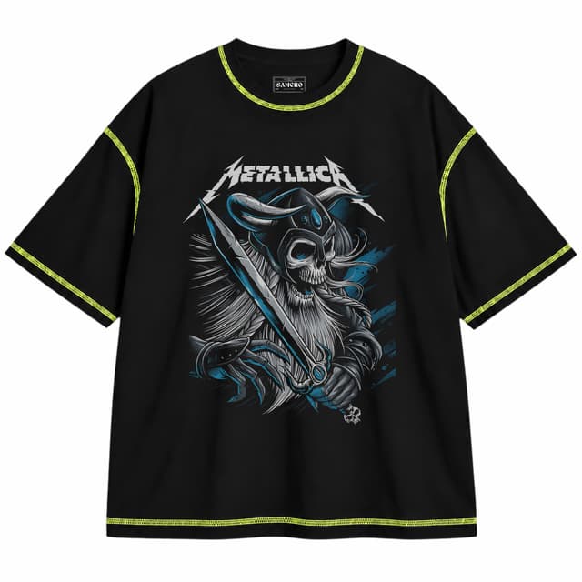 Metallica 27 — Unisex oversize, Negro con costura verde