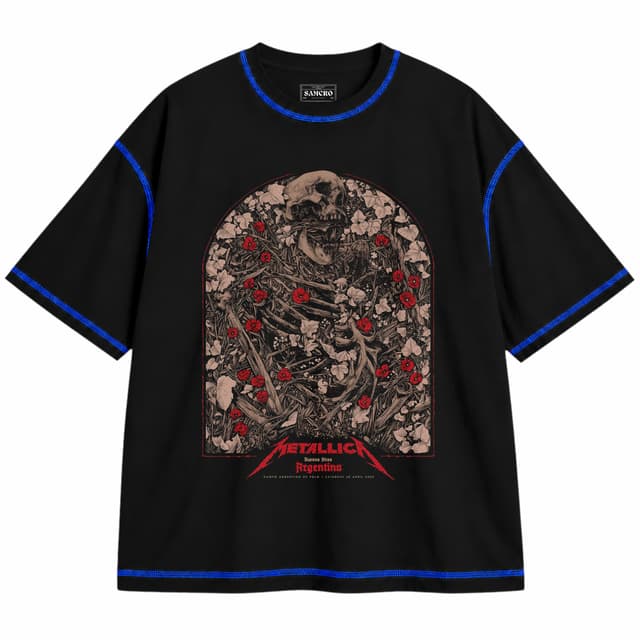 Metallica 61 — Unisex oversize, Negro con costura azul