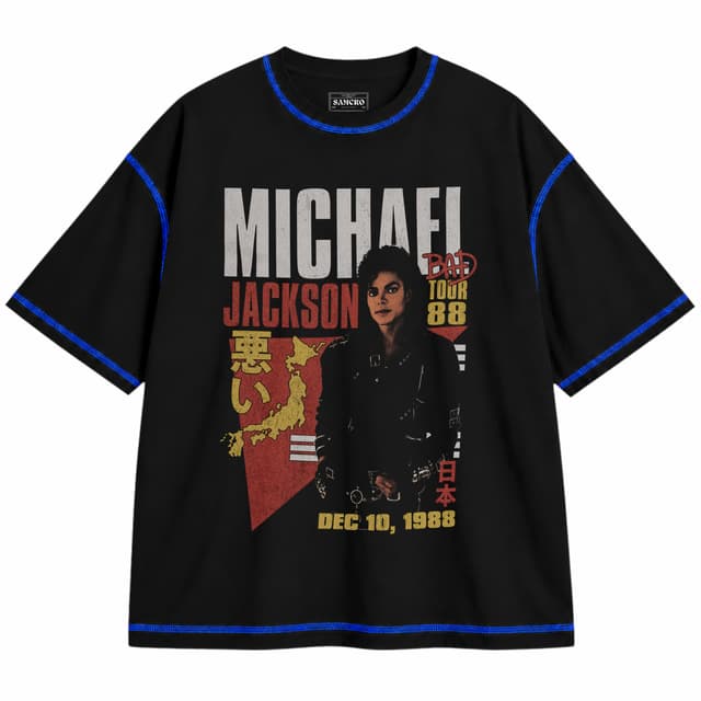 Michael Jackson - Bad Tour 88 Tokyo — Unisex oversize, Negro con costura azul