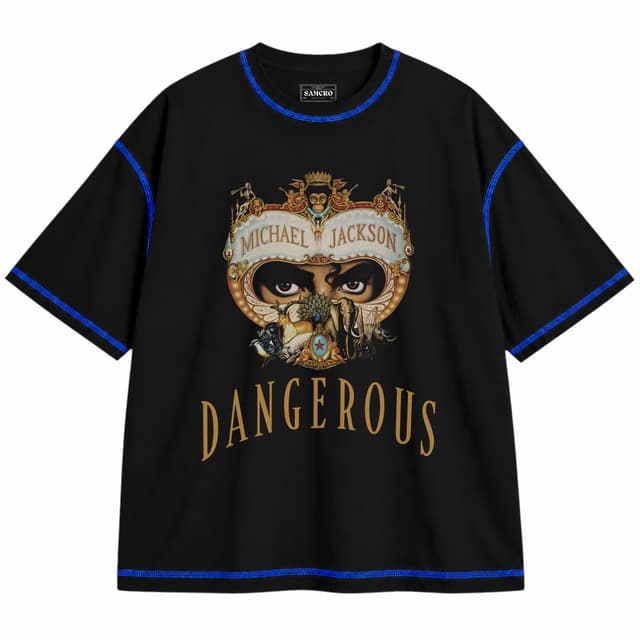 Michael Jackson - Dangerous Album Cover — Unisex oversize, Negro con costura azul