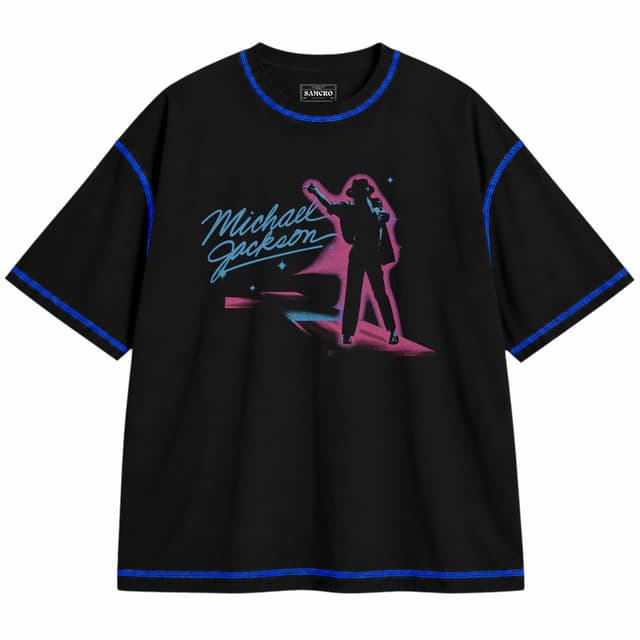 Michael Jackson - Neon Silhouette — Unisex oversize, Negro con costura azul