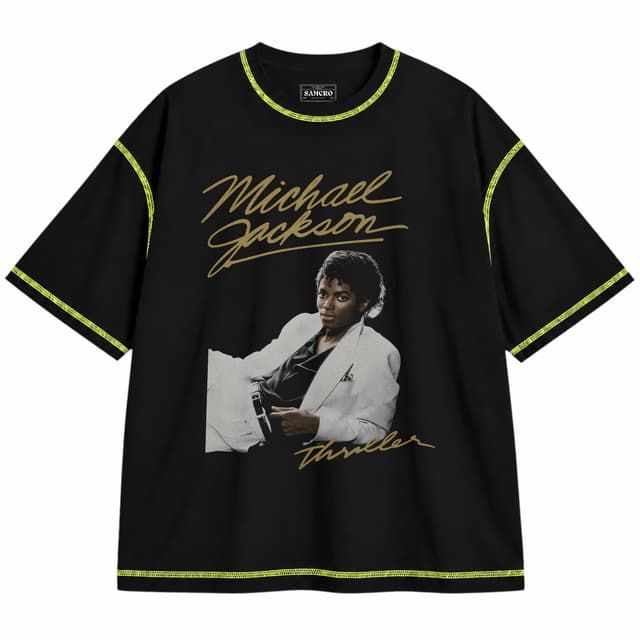 Michael Jackson - Thriller White Suit — Unisex oversize, Negro con costura verde