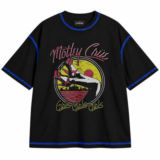 Mötley Crüe 1 — Unisex oversize, Negro con costura azul