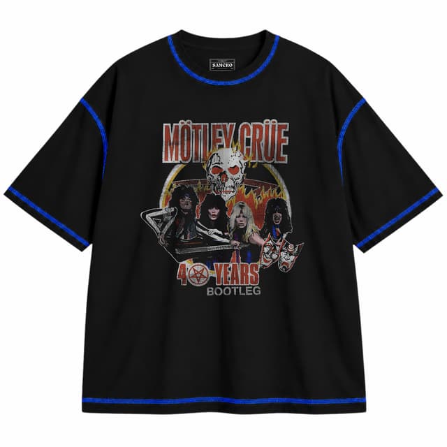 Mötley Crüe 17 — Unisex oversize, Negro con costura azul