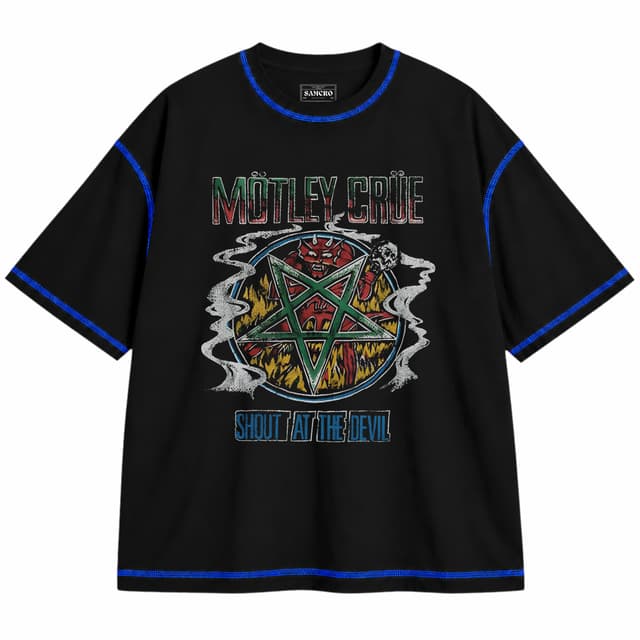 Mötley Crüe 18 — Unisex oversize, Negro con costura azul