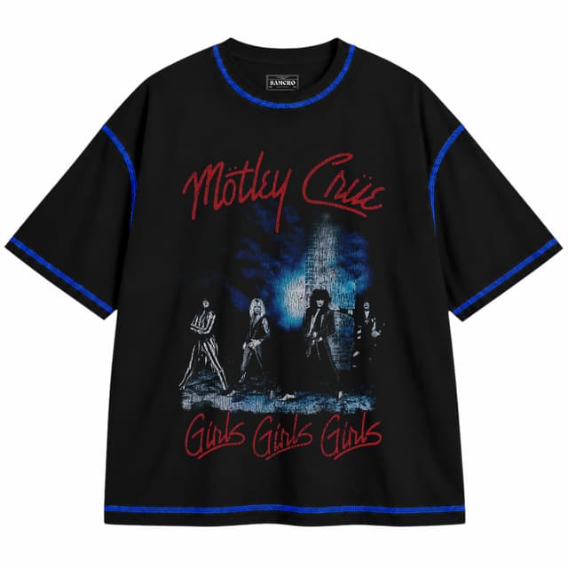 Mötley Crüe 2 — Unisex oversize, Negro con costura azul