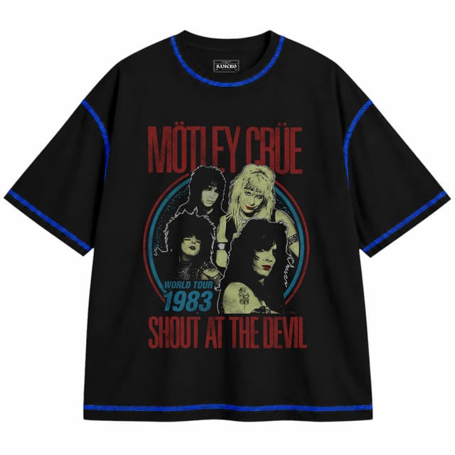 Mötley Crüe 5 — Unisex oversize, Negro con costura azul