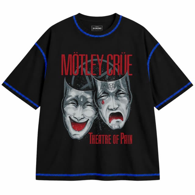 Mötley Crüe 6 — Unisex oversize, Negro con costura azul