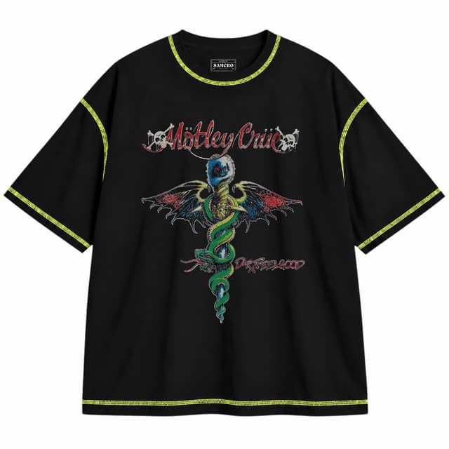 Mötley Crüe 9 — Unisex oversize, Negro con costura verde