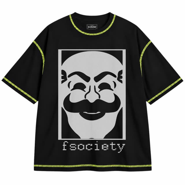 Mr. Robot 7 — Unisex oversize, Negro con costura verde