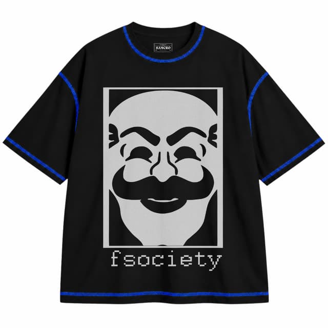 Mr. Robot 7 — Unisex oversize, Negro con costura azul