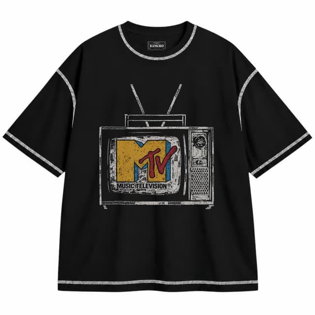 MTV - Retro TV — Unisex oversize, Negro con costura blanca