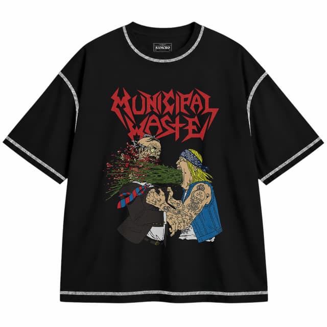Municipal Waste 1 — Unisex oversize, Negro con costura blanca