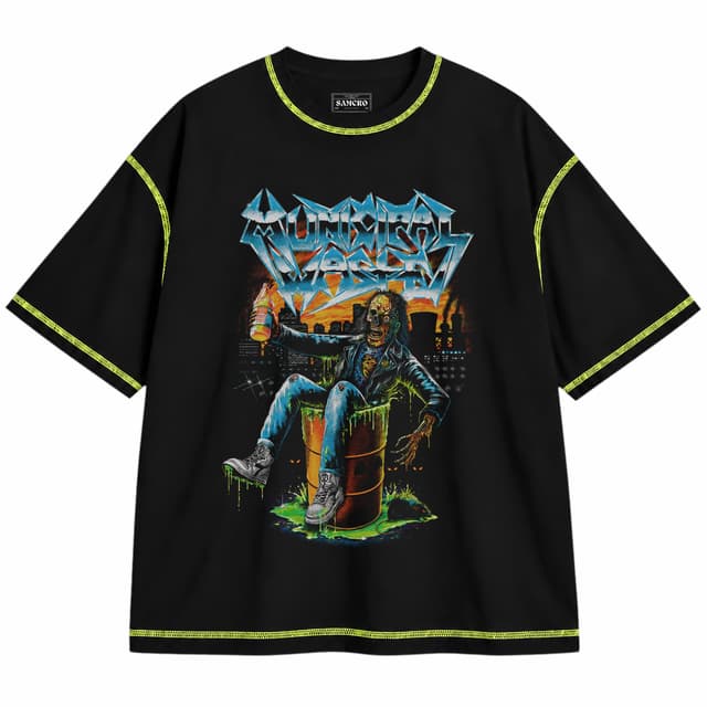 Municipal Waste - Chrome Logo — Unisex oversize, Negro con costura verde