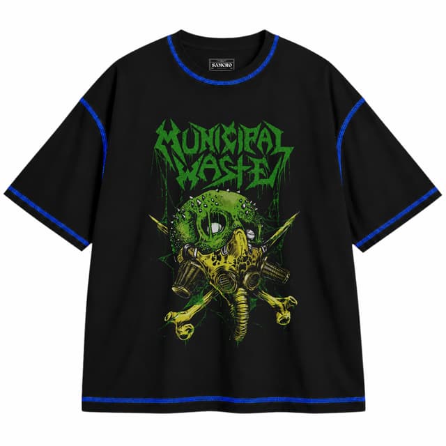 Municipal Waste - Gasmask Zombie — Unisex oversize, Negro con costura azul
