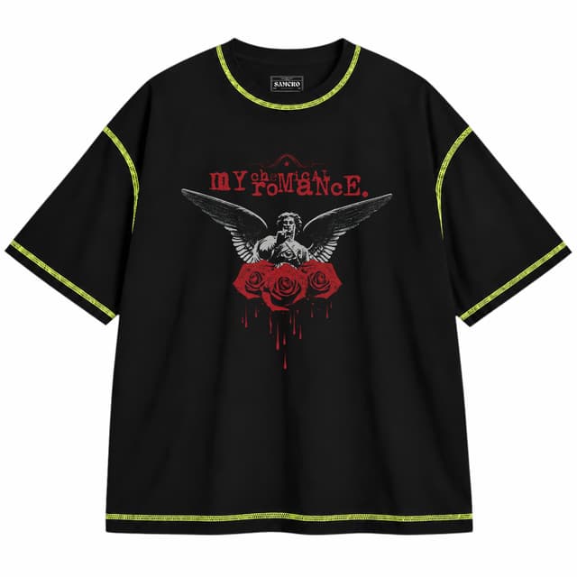 My Chemical Romance - Angel Rosas — Unisex oversize, Negro con costura verde