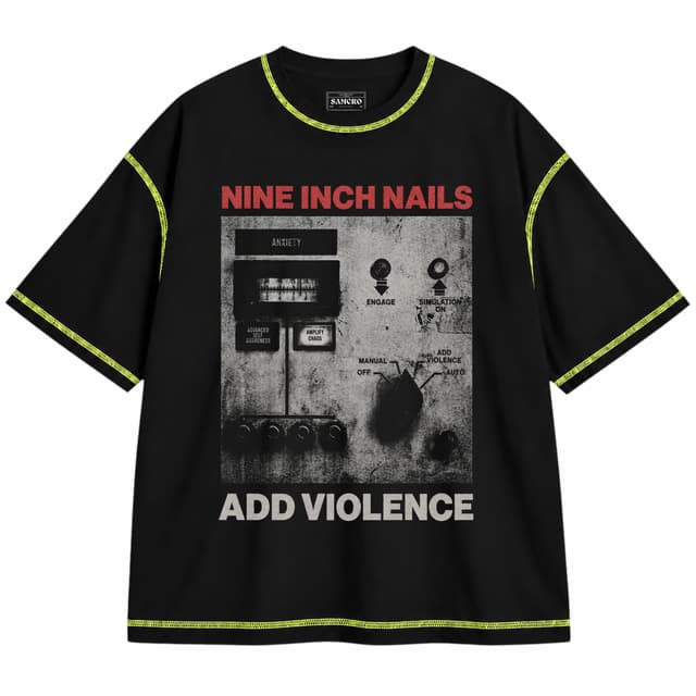Nine Inch Nails - Add Violence — Unisex oversize, Negro con costura verde