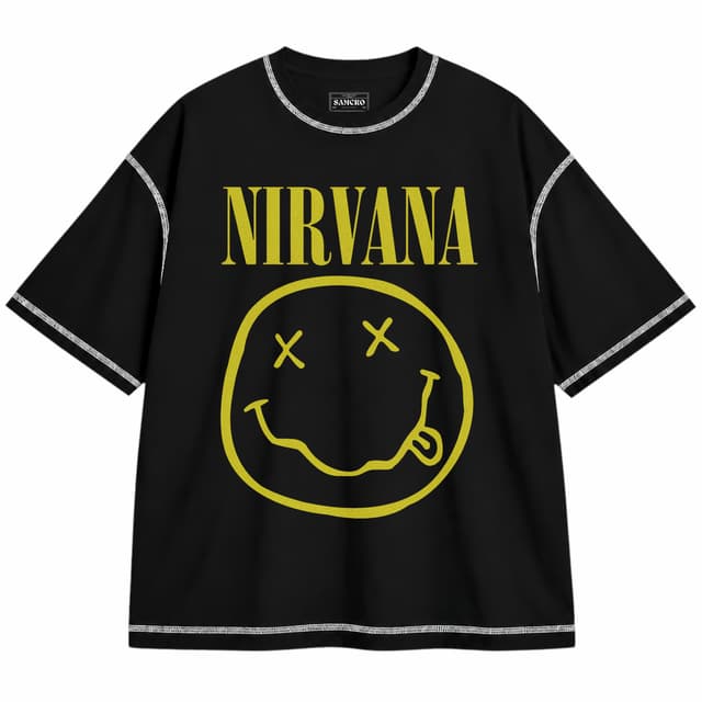 Nirvana 1 — Unisex oversize, Negro con costura blanca