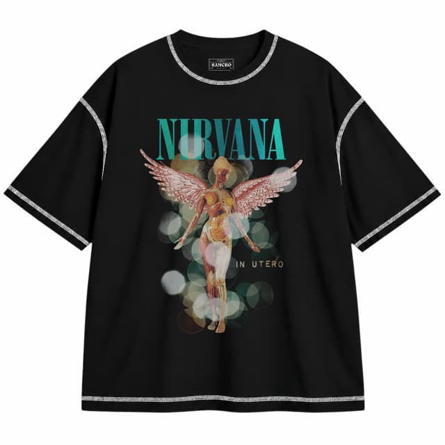 Nirvana 14 — Unisex oversize, Negro con costura blanca