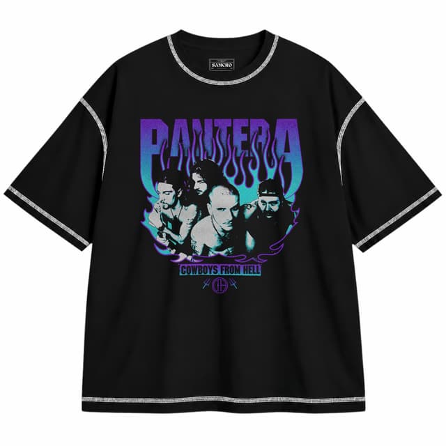 Pantera - Cowboys from Hell Purple Flames — Unisex oversize, Negro con costura blanca