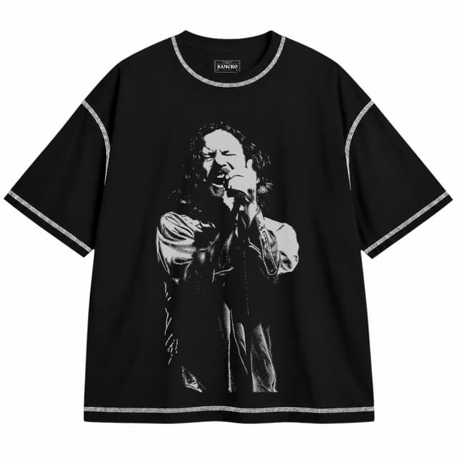 Pearl Jam 18 — Unisex oversize, Negro con costura blanca