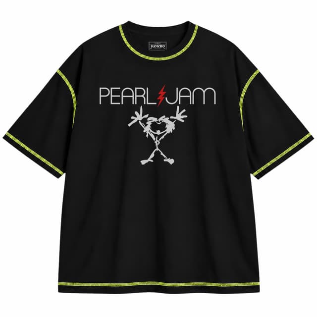 Pearl Jam 3 — Unisex oversize, Negro con costura verde