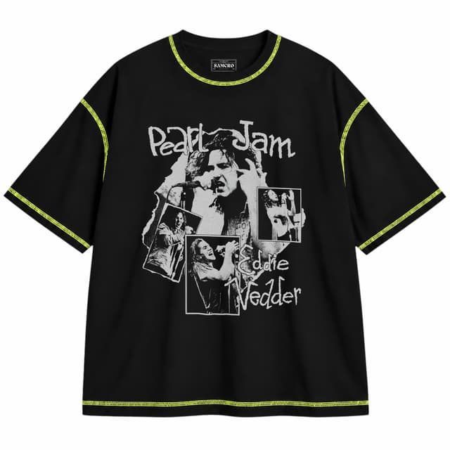 Pearl Jam - Eddie Vedder Photo Collage — Unisex oversize, Negro con costura verde