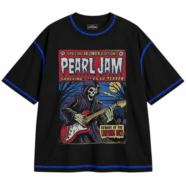 Pearl Jam - Shocking Tales of Terror — Unisex oversize, Negro con costura azul