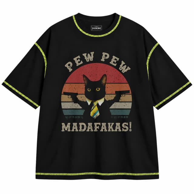 Pew Pew — Unisex oversize, Negro con costura verde