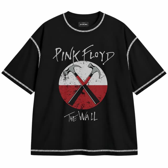 Pink Floyd 1 — Unisex oversize, Negro con costura blanca