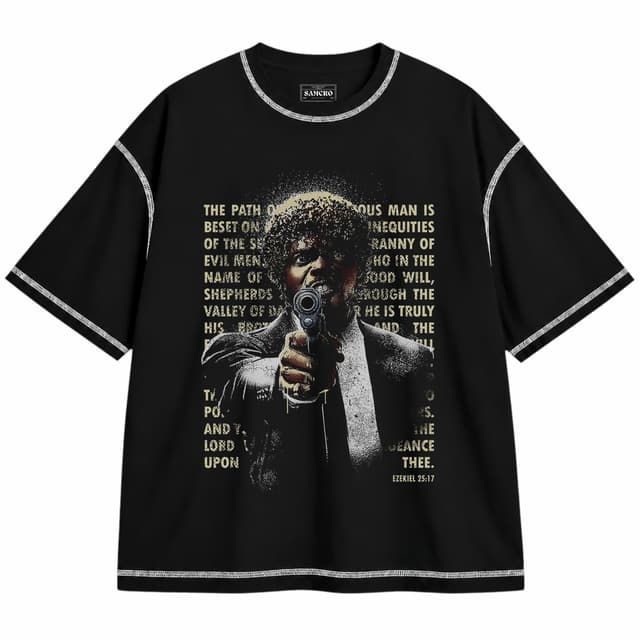 Pulp Fiction 8 — Unisex oversize, Negro con costura blanca