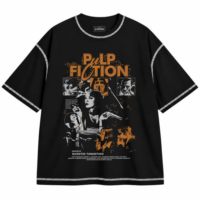 Pulp Fiction - Cast Collage Orange — Unisex oversize, Negro con costura blanca