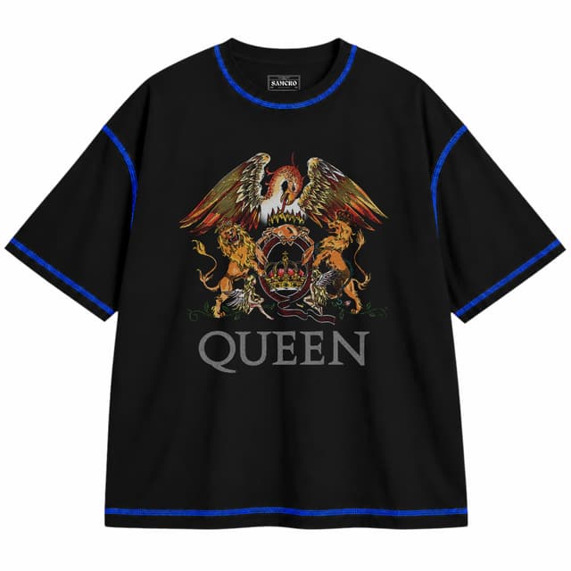 Queen - Greatest Hits Crest — Unisex oversize, Negro con costura azul
