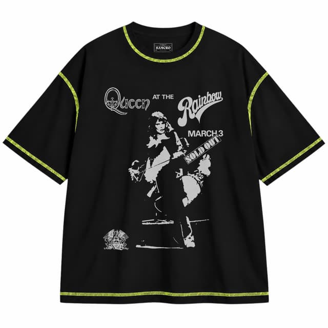 Queen - Live Rainbow — Unisex oversize, Negro con costura verde