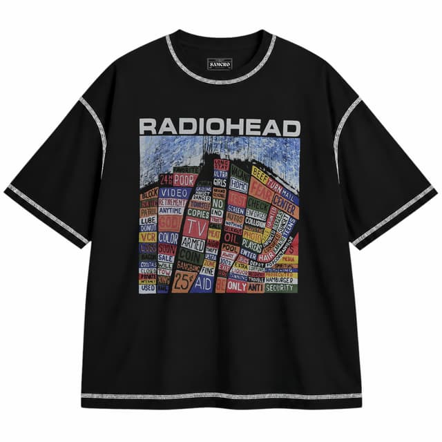 Radiohead 3 — Unisex oversize, Negro con costura blanca