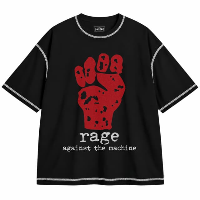 Rage Against the Machine 1 — Unisex oversize, Negro con costura blanca